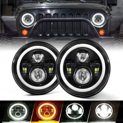 Par de faros LED DRL de 7"" combinado de luces para Jeep Wrangler JK TJ LJ halo ámbar Foto 1 de 4
