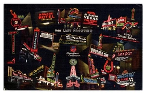 LAS VEGAS, NEVADA - ICÓNICA SEÑALIZACIÓN DE NEÓN POR LA NOCHE - POSTAL DE LINO VINTAGE - Imagen 1 de 2