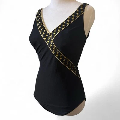 Traje de baño retro negro vintage años 60 con detalles dorados pequeño para mujer’s Foto 1 de 4