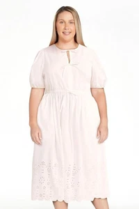 Free Assembly Women's Cotton Eyelet Midi Dress Short Puff Sleeves Size XL WHITE - Foto 1 di 2
