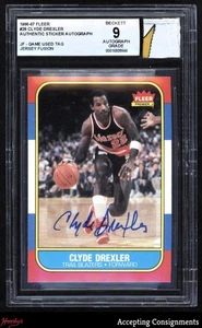 1986-87 Fleer #26 Clyde Drexler RC Jersey Fusion GAME USED TAG PATCH BGS 9 AUTO - Picture 1 of 2