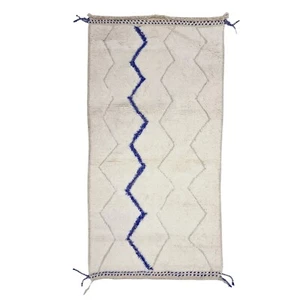 Moroccan Handmade Beniourain Rug 3'2x6'5 Berber Tufted Blue & White Wool Rug - Picture 1 of 11
