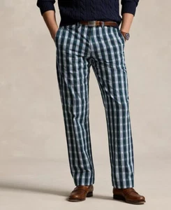 $148 Polo Ralph Lauren Uomo Pantaloni Seersucker Vestibilità Classica, Bianco/Navy, 33X32 - Foto 1 di 3
