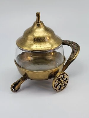 以色列黄铜和玻璃独轮车调味品碗盖糖果盘珠宝饰品 — 第 1/4 张图片