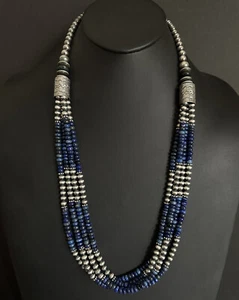 Sterling Silver Multi Strand Lapis W Pearls Bead Necklace. 30 inch - Picture 1 of 12