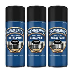 3 x Hammerite Black Direct To Rust Smooth Aerosol Quick Drying 400ml Metal Paint - Picture 1 of 9