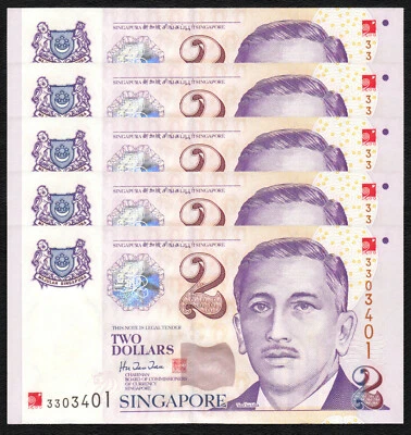 SINGAPORE 2 Dollars X 5 PCS Millennium Commemorative Overprint 2000 P-45 UNC - Image 1 of 2