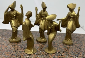 5 Japanese Gold Gilded Cast Iron Dancing Geisha Girls Figurines "6.5 "5.5 - Picture 1 of 15