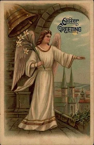 Frohe Ostern Happy Easter ~1900 Prägekarte Engel mit Glocke auf einem Kirchturm - Picture 1 of 2