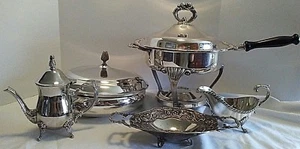 Mixed Lot Silverplate & Metal Chafing Dish Bowl Lid Gravy Boat Tea Pot Nut Tray - Picture 1 of 12
