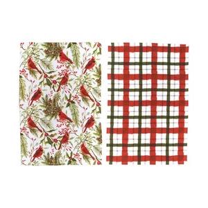 Red Cardinal Greenery & Plaid Printed 100% Cotton Flour Sack Dishtowels, Set of - Picture 1 of 3