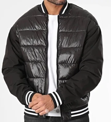 Chaqueta de bombardero Jack & Jones para hombre L Core negra acolchada con cremallera blanca a rayas Foto 1 de 4