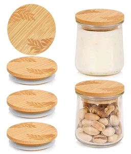 Yogurt Jar Lids Set Bamboo Wooden Silicone Seal Oui Yogurt Jars Fits 5 Oz Glass - Picture 1 of 1