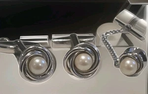 Vintage Sterling Silver Cufflinks With Pearl With Accents Matching Tie Tack - Picture 1 of 5
