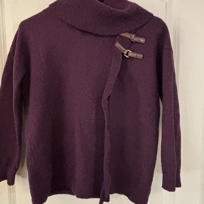 Ellen Tracy Wrap Sweater Women's Size L 100% Merino Wool Plum Cowl Turtleneck - Image 1 of 4