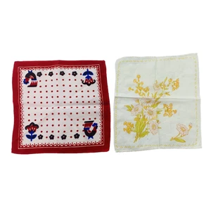 Handkerchief Vintage Flower & Rooster Folk Art Polka Dot Lot of 2 Hankie Country - Picture 1 of 9