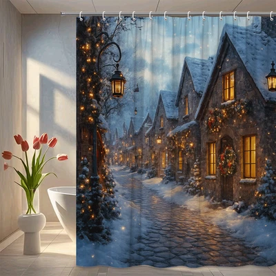 Cortina de ducha de Navidad - Acogedora escena de pueblo de invierno Foto 1 de 4