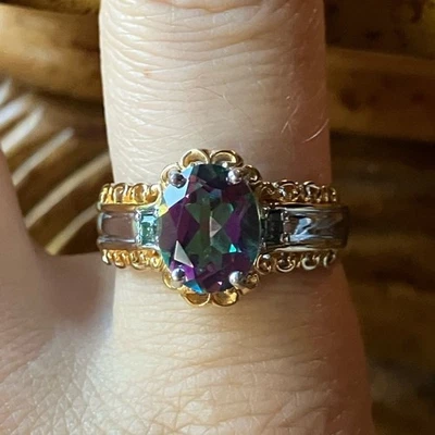 Mystic Topaz Moissanite Sterling Silver Ring Size 9 - Image 1 of 4