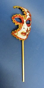 Venetian Masquerade Half Face Mask Shimmering Red & Gold with Wooden Handle - Picture 1 of 6
