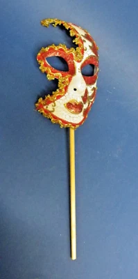 Venetian Masquerade Half Face Mask Shimmering Red & Gold with Wooden Handle - Image 1 of 4