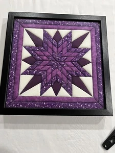 Framed Hand Made Quilt Art Picture With Star Pattern Purple Colored Fabric - Picture 1 of 3