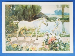 AK Sir Alfred Munnings Pferd Kunst Gemälde Mädchen Pferdeweg zum Obstgarten - Bild 1 von 2