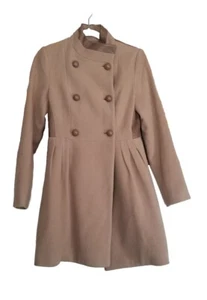 Badgley Mischka Sz Small Designer Beige Wool Pea Coat Leather Trim Luxury Jacket - Picture 1 of 5