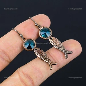 Copper Natural Indicolite Electroformed And Fish Daughter Dangle Drop Earrings - Picture 1 of 11