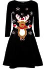 Ladies Womens Santa Costume Hat Dancing Reindeer Christmas Xmas Swing Mini Dress