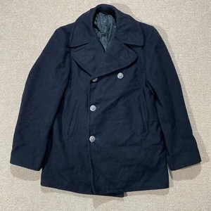 VINTAGE US Navy Pea Coat Mens 36 Short Black Silver Button Enlisted Wool USA 70s - Picture 1 of 12