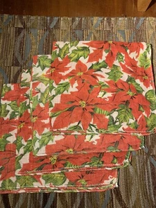 Vintage Poinsettia Linen Cloth Napkin Set 4 Christmas Red Green ~Holidays 16” - Picture 1 of 6