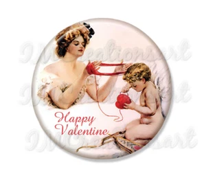 Victorian Happy Valentine Yarn Sweet Handmade Mirror, Magnet, or Pin 2.25" - Picture 1 of 4