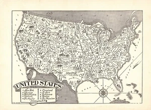 1950s Vintage United States Map Animated United States Picture Map BW 2347 - Bild 1 von 3
