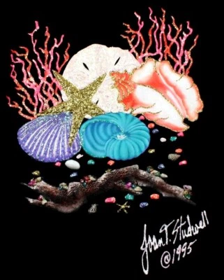 VTG 1995 Joan Studwell Hand Painted Glitter Seashell Design Hanes Beefy-T XX Lar - Image 1 of 4