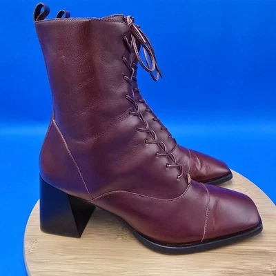 RARE Jeffrey Campbell Victorian Lace Up Boots Red-Brown Square Toe 9.5 Y2K - Image 1 of 4