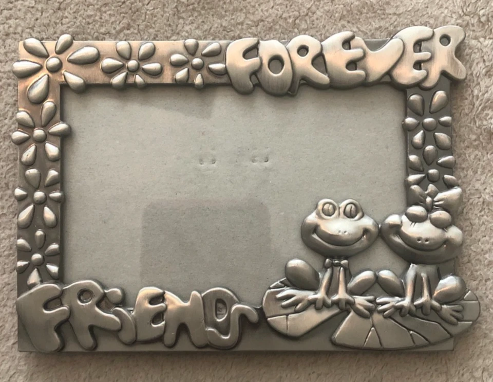 Frogs Friends Forever Picture Frame Metal Glass Front Easel Style Pewter Frame - Image 1 of 2