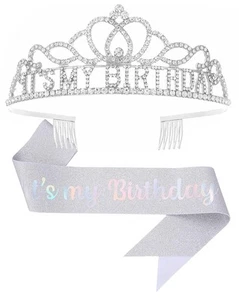 Birthday Tiara and Crown with Sash for Women Party - Silver A-Silver - Picture 1 of 7