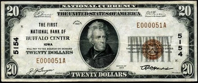 HGR 1929 $20 BUFFALO CENTER Iowa CH#5154 ((BAJO#51)) Solo LIGERAMENTE CIRCULADO Foto 1 de 2