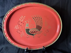 Vintage Maxey Fabcraft Metal Oval Tray Peacock Bird Coral Red and Gold 14” 60’s - Picture 1 of 7