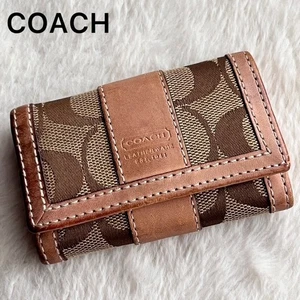 COACH Key Case 6 Ring Signature Canvas Leather Brown Beige from Japan - Picture 1 of 10