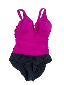 Lands End Halter Tummy Control One Piece Swimsuit Black Pink Sz 8 Y2K Beach Vtg - Picture 1 of 8