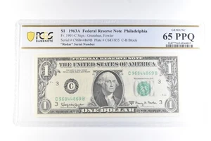 1963 A $1 Philadelphia PA FRN Fr#1901-C Radar Serial Gem Unc 65 PPQ PCGS *6096 - Picture 1 of 3
