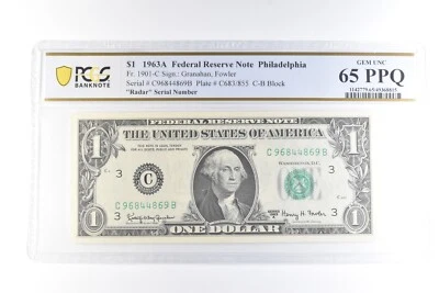 1963 A $1 Philadelphia PA FRN Fr#1901-C Radar Serial Gem Unc 65 PPQ PCGS *6096 - Image 1 of 3