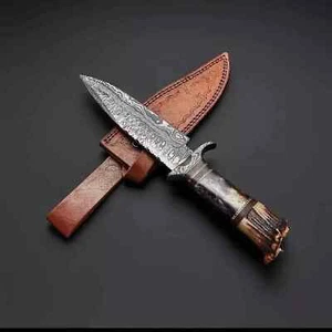 Damascus Steel Bowie knife with Beautiful Bone & stag horn handle and sheath - Picture 1 of 3