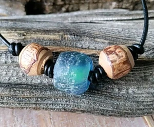 Sea Glass Necklace Chunky Powder Glass Blue Adjustable BEACH Wood Beads Leather - Picture 1 of 5