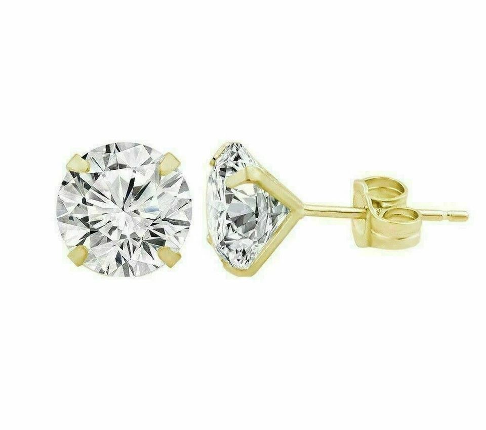 14K Solid Yellow Gold Round Cubic Zirconia Stud Earrings 8mm - Genuine 14k - Image 1 of 3