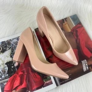 Bamboo Faux Patent Leather Pointed Toe Chunky Heel Career Shoes Pumps Nude 6.5 - Picture 1 of 8