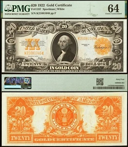 1922 $20 Gold Certificate FR-1187 PMG Graded CU64 - Picture 1 of 1