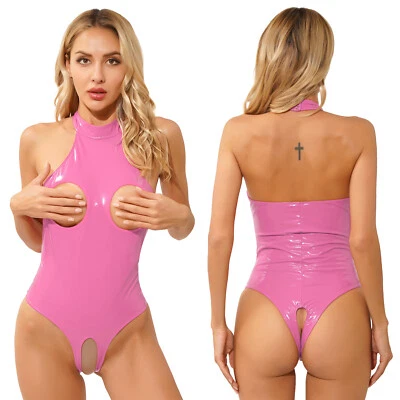 Frauen Jumpsuit Ausschnitt Bodysuit Wetlook Trikots Leder Dessous Strings Sexy - Bild 1 von 4
