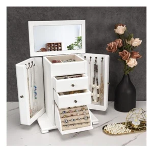Jewelry Box For Women Rustic Wooden Jewelry Boxes Organizers With Mirror 4 Layer - Bild 1 von 8